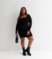 New Look Curves Black Ribbed Jersey Square Neck Long Sleeve Corset Mini Dress